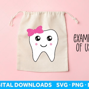 May include: A white tooth with a pink bow on top, smiling with closed eyes. The tooth is on a beige canvas bag with the text "EXAMPLE OF USE" in black.