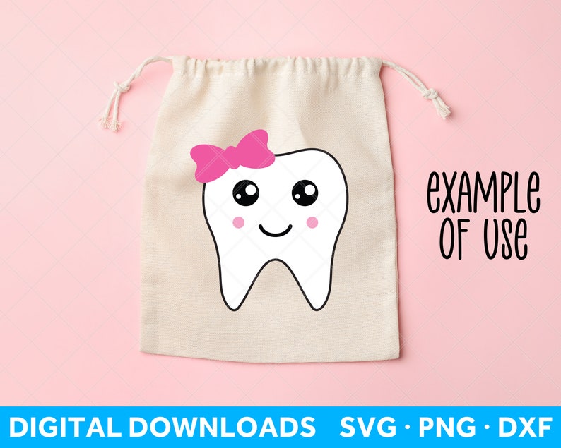 May include: A white tooth with a pink bow on top, smiling with closed eyes. The tooth is on a beige canvas bag with the text "EXAMPLE OF USE" in black.