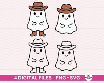 Cowboy Ghost SVG Bundle, Ghost with Cowboy Hat SVG Files, Cute Halloween Ghost Clipart, Western Ghost Cricut Cut File - 2 Designs Included