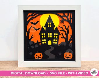 Haunted House Shadow Box SVG, 3D Halloween Cricut Template, Spooky House Papercraft