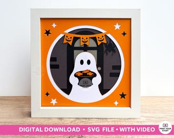 Halloween Ghost Shadow Box SVG file, Cute 3D Fall Shadow Box For Cricut with Instructions, Trick or Treat Layered Papercraft for Halloween