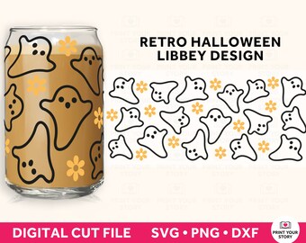 Retro Halloween SVG Libbey Glass SVG 16oz Can, Cute Ghost SVG Cut Wrap File for Cricut and Silhouette, Coffee Glass Can, Beer Can Glass Svg