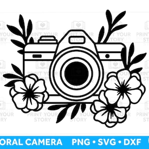 Floral Camera SVG-bestand voor Cricut en silhouet, camera met bloemen SVG, fotografie SVG-bestand fotograaf