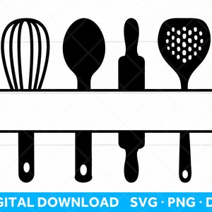 May include: Black and white silhouette of kitchen utensils, including a whisk, spoon, spatula, and slotted spoon. The utensils are arranged in a row, with the handles pointing down. The image is suitable for use as a design element for a kitchen-themed project.