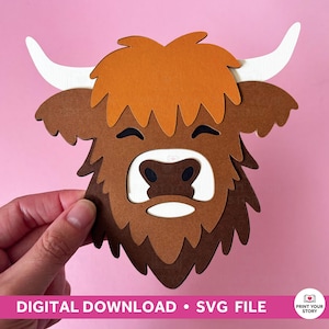 3D gelaagde hooglandkoe SVG, schattige langharige koe papercut ontwerp voor Cricut en lasergesneden, boerderijdieren SVG-bestand papier