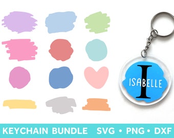 Pode incluir: Um porta-chaves de acrílico transparente com fundo azul, uma letra preta "I" e o nome "ISABELLE" em branco. A imagem também apresenta formas abstratas coloridas e o texto "KEYCHAIN BUNDLE SVG • PNG • DXF".