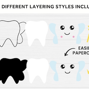 May include: Two different layering styles for a tooth with a crown, wand, and teardrop wings. The first style is a black and white outline, the second style is a solid black tooth with white wings, crown, and wand. The text "Easier for papercrafting" is included.