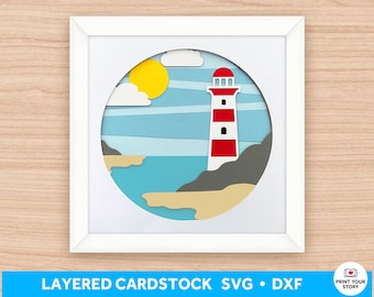 May include: A layered cardstock SVG and DXF file for a papercraft lighthouse scene. The design features a red and white lighthouse with a blue ocean, sandy beach, and a yellow sun.