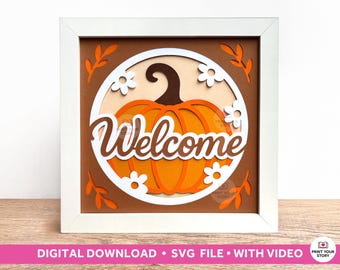 Welcome Pumpkin Shadow Box SVG file, Fall Shadow Box 3D Layered Paper Cut, Layered Cardstock Craft Template for Cricut