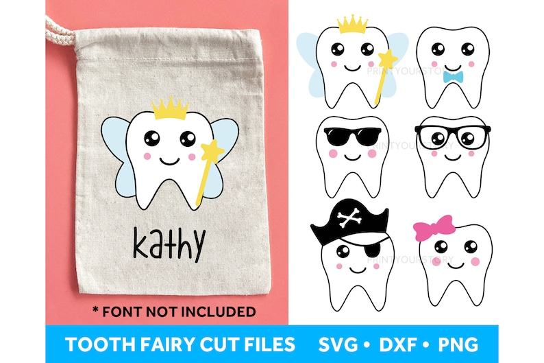 May include: A set of tooth fairy cut files in SVG, DXF, and PNG formats. The files feature a tooth fairy with wings, a tooth fairy with sunglasses, a tooth fairy with a pirate hat, and a tooth fairy with a bow. The files are perfect for creating personalized tooth fairy gifts.