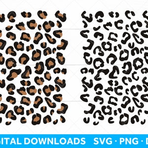 May include: Two leopard print designs. One features brown and black spots, the other is black and white. The designs are made up of various sized spots. The bottom of the image has the text "DIGITAL DOWNLOADS SVG • PNG • DXF".