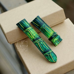 Alligator green yellow patina strap, leather watch band handmade,personalized, all size,14mm 16mm 18mm 20mm 22mm 24mm