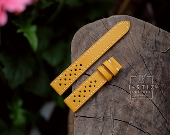 Vintage rally strap , calfskin yellow leather watch band handmade,personalized, all size,14mm 16mm 18mm 20mm 22mm