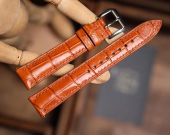 Correa de reloj de piel de caimán marrón claro hecha a mano, correa de reloj: tamaño personalizado, todos los tamaños.
