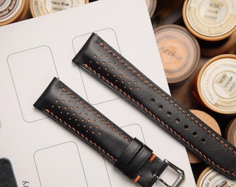 Correa de reloj Rally de piel de caflskin negra: costura naranja, hecha a mano