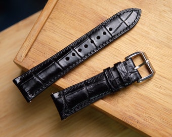 Alligator black strap,leather watch band handmade,personalized, all size,14mm 16mm 18mm 20mm 22mm 24mm, apple watch