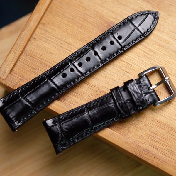 Alligator black strap,leather watch band handmade,personalized, all size,14mm 16mm 18mm 20mm 22mm 24mm, apple watch