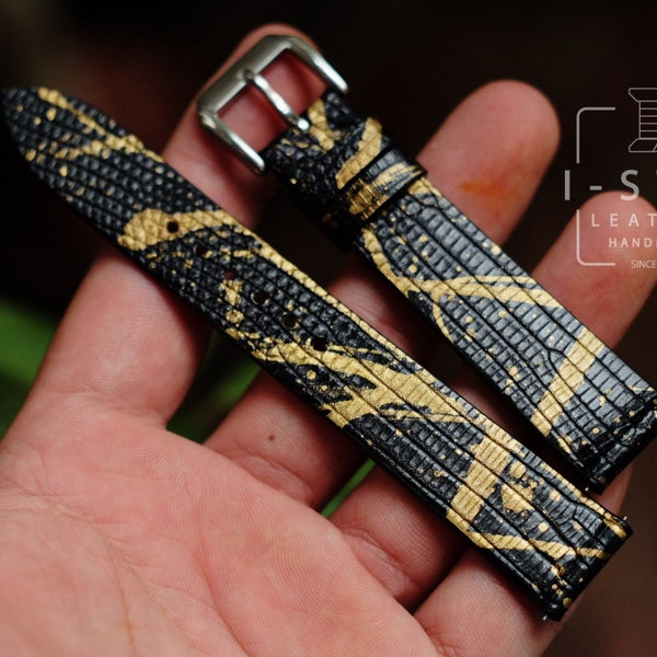 Lizard Leather Watch Strap: Black Gold Shimmer, Quick Release, Handmade