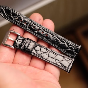 Flank Alligator black glossy, leather watch band handmade,personalized, Any size, tank watch, slim watch