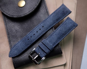 Handmade Navy Blue Suede Leather Watch Strap: Quick Release, Custom Size