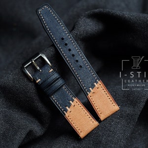 Babele calfskin vintage, Navy blue mix beige , Quick Release Watch Strap, Handmade Custom Leather Watch, Any size