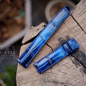 Bracelet en alligator patiné bleu, bracelet de montre en cuir fait main, personnalisé, toutes les tailles, 14 mm 16 mm 18 mm 20 mm 22 mm 24 mm
