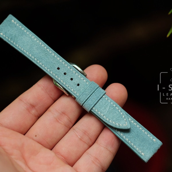 Vintage strap, Baby blue suede leather watch band handmade,personalized, all size,14mm 16mm 18mm 19mm 20mm 22mm