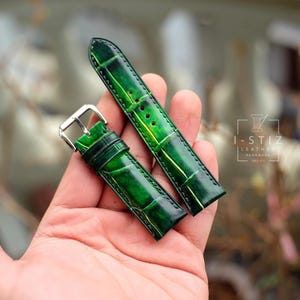 Handmade Alligator Leather Watch Band: Green Patina Strap, Custom Size