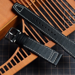 Bracelet pilote noir, bracelet de montre en cuir de veau fait main, personnalisé, toutes les tailles, 12 mm 14 mm 16 mm 18 mm 20 mm 22 mm 24 mm