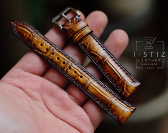 Bracelet en alligator à patine brune, bracelet de montre en cuir fait main, personnalisé, toutes les tailles, 14 mm 16 mm 18 mm 20 mm 22 mm 24 mm