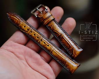 Handmade Alligator Leather Watch Band: Tan Brown Patina, Custom Size