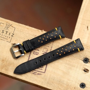 Vintage Rally Black Leather Watch Band: Handmade Pueblo Strap