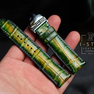 Handgefertigtes Uhrenarmband aus Alligator Leder: Hellbraun Patina, Wunschmaß