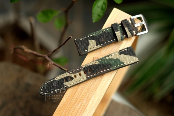 Handmade Camo Canvas Watch Strap: Quick Release Leather Watch Band