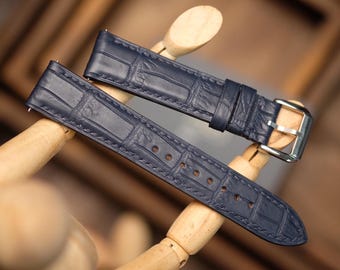 Handmade- Dark Navy Alligator Leather Watch Band, Strap Wacth, Custom all Sizes and Personalizations.