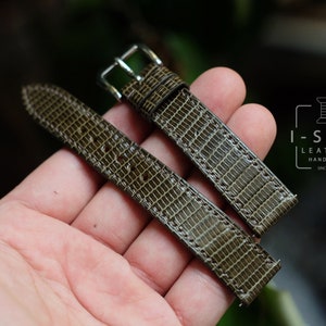 Cuir de lézard vert olive, bracelet de montre à dégagement rapide, montre en cuir personnalisée faite main, toutes les tailles