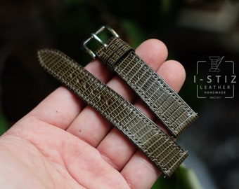 Cuir de lézard vert olive, bracelet de montre à dégagement rapide, montre en cuir personnalisée faite main, toutes les tailles