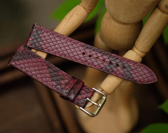 Correa de reloj de piel de pitón morada hecha a mano. Personalizada en todos los tamaños.