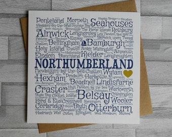 Northumberland villages an places Tourist Souvenir blank greeting card - Alnwick, Bamburgh, Lindisfarne, Belsay, Hexham, Craster, Seahouses