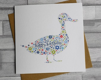 Happy Birthday Duck floral hearts blue red and green Card