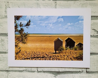 Wells next the Sea - Beach Huts North Norfolk Pinewoods Print A4 (Unframed) Wall Decor on luxury 350g Uncoated Card - Print - Great Outdoors