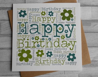 Happy Birthday - Green Shades Floral Typeface Blank Greeting Card