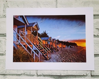 Wells next the Sea - Beach Huts at Sunset - Pinewoods Print A4 (Unframed) Wall Decor on luxury 350g Uncoated Card - Print - Great Outdoors