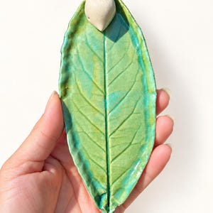 Ceramic Leaf Dish with Bird, Handmade Cherry Leaf Trinket Dish, Green Botanical Pottery