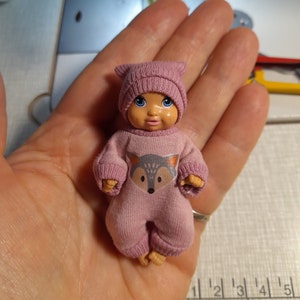 Pink fox outfit/Miniature dolls outfit/Micro overall with beanie for doll 2.5-3"/DOLL IS NOT included