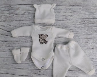 Sizes/OOAK set for silicone baby/Gray Bear on ivory pullover+hat+pants+socks/baby doll outfit