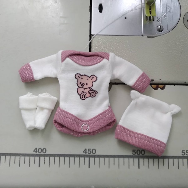 Ivory set 4"/5"/6"/7"/8"/9/10"/11"/12" silicone doll/Dusty rose bear bodysuit+hat+socks/Size of clothes is full length of doll