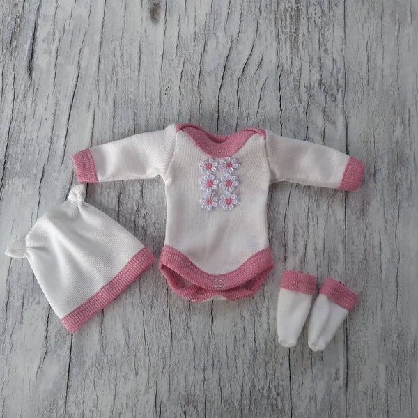 Ivory set 4"/5"/6"/7"/8"/9/10"/11"/12" silico doll/Ivory with pink bodysuit+hat+socks/Micro preemie clothes/ Size is full length of doll