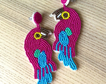 Beaded Pink Parrot Earrings