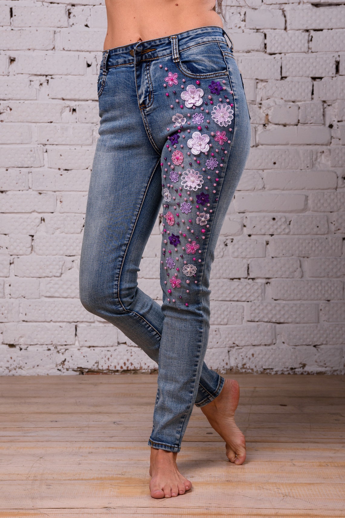 Beaded skinny jeans Floral embellished denim Designer unique Etsy